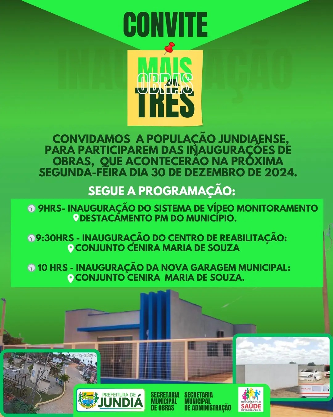 Prefeitura convida para prestigiar as inaugurações de obras